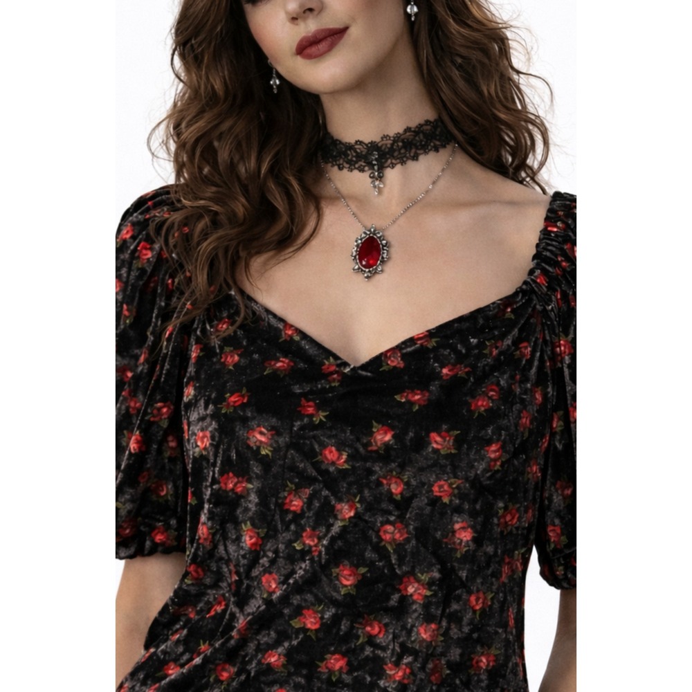 LOFT Romantic Goth Top Black Velvet Women's M Whimsigoth Floral Puff Sleeve